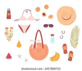 Set of cute summer elements with swimsuit bag food fruits beach accessories. Bright summertime flat vector collection for design or scrapbooking.