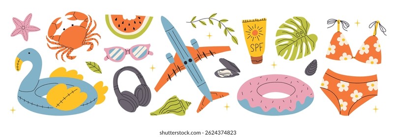 Set of cute summer elements: swimsuit, sunscreen, crab, airplane, tropical palm leaf, glasses, watermelon, shell. Bright summer beach elements