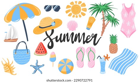 Set of cute summer elements. Tropical vacation. Perfect for summertime poster, card, scrapbooking , tag, invitation, sticker kit. Vector illustration