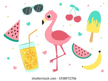 Set of cute summer elements. Vector illustration isolated on white background. Collection of cartoon items.
