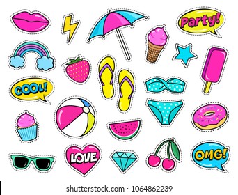 Set of cute summer fashion patches, strawberry, slippers, swimsuit, beach umbrella, ball,ice-cream, donut, lips, watermelon, cherry, cupcake, speech bubbles etc. Cartoon stickers. Vector illustration