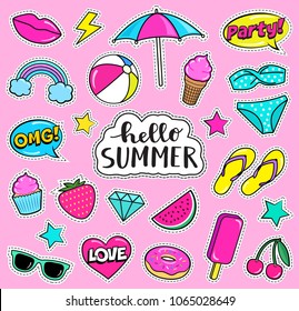 Set of cute summer fashion patches, strawberry, slippers, bikini, beach umbrella, ball,ice-cream, donut, lips, watermelon, cherry, cupcake, speech bubbles etc. Cartoon stickers. Vector illustration