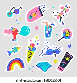 Set of cute summer fashion patches, bikini, ice-cream, fish, sunglasses, cocktail, beach bag, rainbow. Cartoon stickers. Vector illustration.
