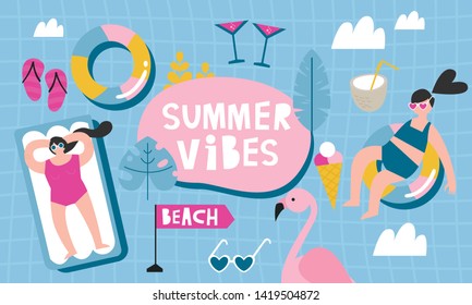 Set of cute summer: food, drinks, palm leaves, fruits and flamingo. Bright summertime poster. Collection of scrapbooking elements for beach party. 