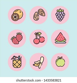 Set of cute summer fruit icons on colorful background.