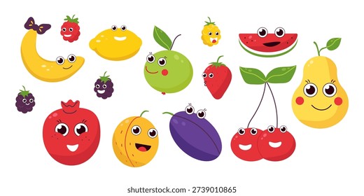 A set of cute summer fruits and berries in line art style. A collection of vector stickers for prints, posters, and design.
