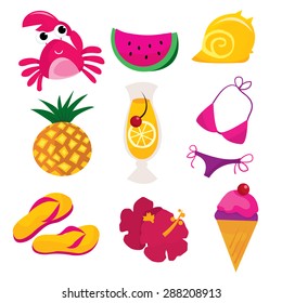 A set of cute summer fun vector icons illustration.