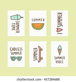 Set of cute summer gift cards. Printable. Vector hand drawn illustration