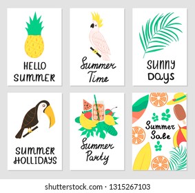 Set of cute summer greeting cards. Fruits, cocktail, tropical leaves, toucan, parrot, pineapple poster. Party or sale templates. Sunny days vector elements
