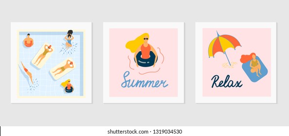 Set of cute summer greeting cards. People chilling and sunbathing. Swimming pool party invitation. Beach banner templates. 