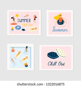 Set of cute summer greeting cards. Surfing, chilling people. Party invitation with swimming pool. Beach banner templates. 