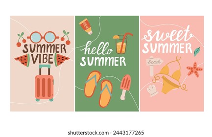 Set of cute summer greeting cards. Summer backgrounds hello summer, summer time. For posters, postcards, scrapbooking, stickers, stories
