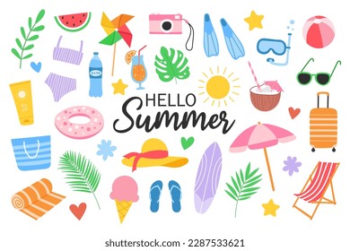 Set cute summer holiday beach elements. Hello summer lettering. Cartoon vector illustration.