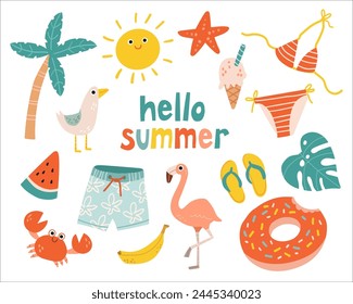 Set cute summer holiday beach elements. Hello summer lettering. Cartoon vector illustration isolated on white background.