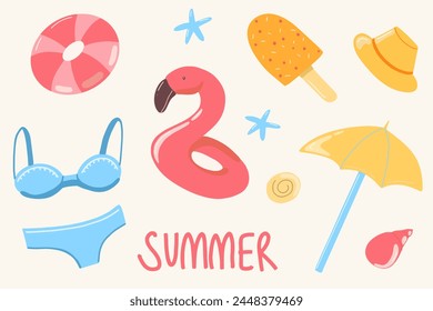 Set cute summer holiday beach elements. Hello summer Cartoon vector 