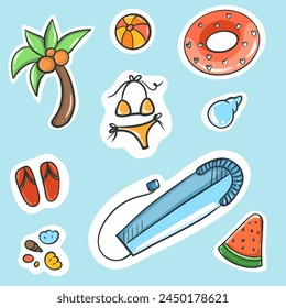 Set cute summer holiday beach elements. Hello summer Cartoon vector