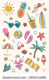 Set cute summer holiday beach elements.