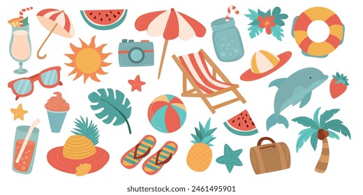 Set cute summer holiday beach elements.