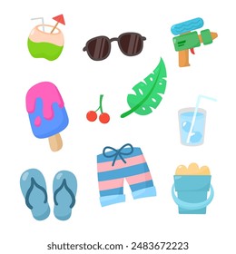 Set cute summer holiday beach elements. Cartoon vector illustration.