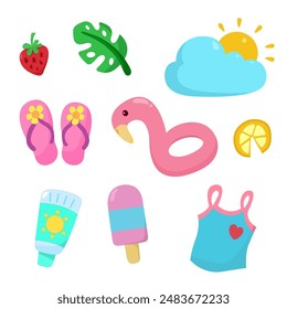 Set cute summer holiday beach elements. Cartoon vector illustration.