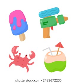 Setzen Sie süße Sommerferien Strand Elemente. In: Cartoon Vektorillustration.