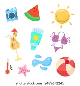Set cute summer holiday beach elements. Cartoon vector illustration.