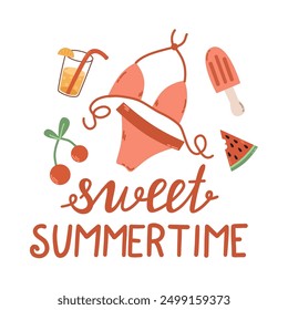 Set cute summer holiday beach elements. Hand drawn vector illustration. Scandinavian style flat design. Concept for kids print.