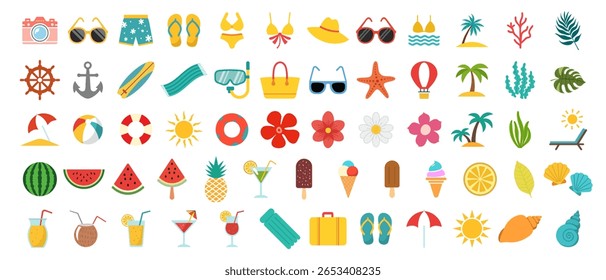 Establecer lindos iconos de Elementos de playa de vacaciones de verano. Hola letras de verano. Ilustración vectorial de dibujos animados.