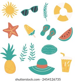 Set cute summer holiday elements on the beach. Cartoon vector illustration.