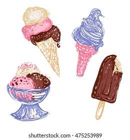 Set of cute summer ice cream desserts: bowl dessert, swirl cone, chocolate popsicle. Isolated on white background.