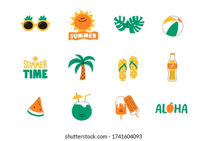 Set of cute summer icon : Sun, Beach ball, Slipper, Sunglass, food, drinks, palm leaves, fruits. Bright summertime poster. Collection of scrapbooking elements for beach party. cartoon doodle style