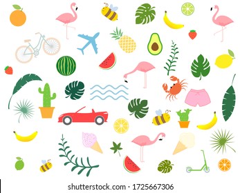 Set of cute summer icons. Bike, plane, crab, car, palm leaves, ice cream, cactus, fruits and flamingo. Hello Summer collection.