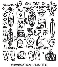 Set of cute summer icons: bikini, flip flops, beach umbrella, towel, ball, sand castle, palms,  sun. Bright summertime poster. Collection of scrapbooking elements for beach party. 