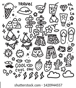 Set of cute summer icons: bikini, flip flops, beach umbrella, towel, ball, sand castle, palms,  sun. Bright summertime poster. Collection of scrapbooking elements for beach party. 
