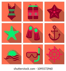 Set of cute summer icons. Bright summertime poster. Collection of elements