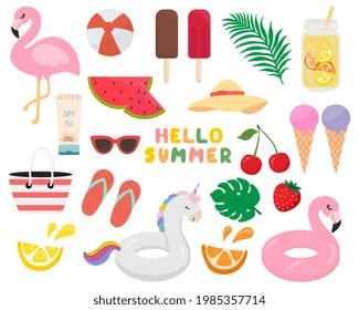 Set of cute summer icons. Bright summer poster. Perfect for web, card, poster, cover, tag, invitation, sticker set. Vector illustration