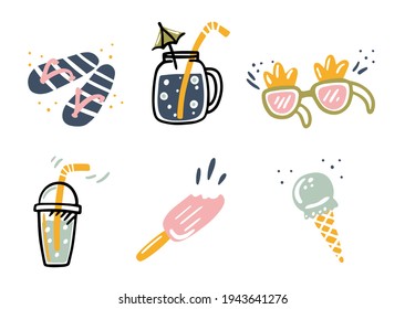 Set of cute summer icons: different ice cream, popsicles, fruit ice and ice cream truck. Bright summertime poster with sweet food. Collection of scrapbooking elements for summer party.