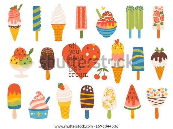 Set\
of cute summer icons: different ice cream, popsicles, fruit ice and\
ice cream truck. Bright summertime poster with sweet food.\
Collection of scrapbooking elements for summer\
party.