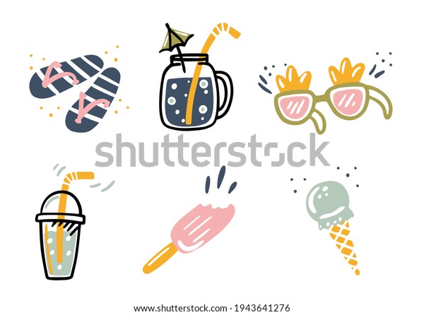 Set\
of cute summer icons: different ice cream, popsicles, fruit ice and\
ice cream truck. Bright summertime poster with sweet food.\
Collection of scrapbooking elements for summer\
party.