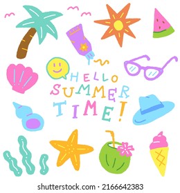 Set of Cute Summer Icons Doodle Hand Drawing Palm Tree Sunscreen Sunglasses Watermelon Hat Ice Cream Coconut Starfish Kelp Shell Smile Hello Summer Time Word Element Vector Illustration Collection 