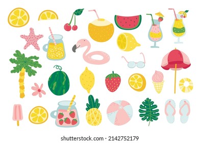 Set of cute summer icons. Drawning flat cartoon cocktail, juice, ice cream, fruits, flowers, palm trees. Hand drawn flat cartoon. Perfect for summertime poster, card, scrapbooking, tag, invitation
