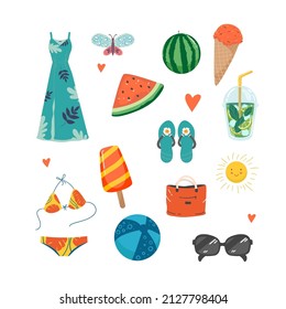 Set of cute summer icons dress sundress flip flops, mojito, ice cream, butterfly, watermelon, bag, glasses, sun, flip flops, beach ball. Bright summertime poster. Collection of scrapbooking elements