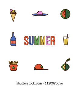 Set of cute summer icons: food, drinks,  fruits, hats, ice cream. Bright summertime poster. Collection of scrapbooking elements for beach party. Vector.