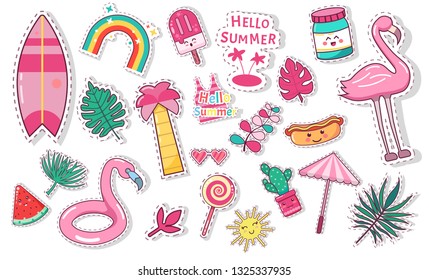 Set of cute summer icons: food, drinks, palm leaves, fruits, ice cream and flamingo. Bright summertime poster. Collection of scrapbooking elements for beach party slogan text phrase hello summer love