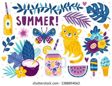 Set of cute summer icons: food, drinks, palm leaves, flowers and leopard. Bright summertime poster. Collection of scrapbooking elements for beach party.