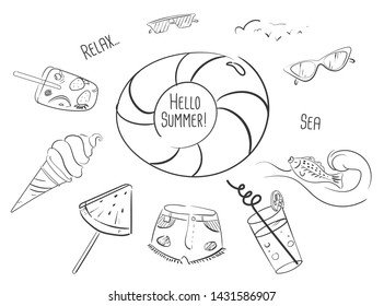 Set of cute summer icons: food, drinks, fruits, sunglasses, ice cream. Bright summertime poster. Collection of scrapbooking elements for beach party.