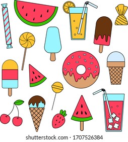 Set of cute summer icons of food and drinks - lemonade, fruits, ice cream. Bright summertime poster. Collection of scrapbooking elements for beach party.