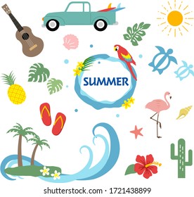 Set of cute summer icons: food, drinks, palm leaves, fruits, flamingos. Bright summer collection.