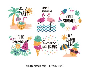 Set of cute summer icons: food, drinks, palm leaves, fruits, flamingos. summer holidays, travel, beach vacations and days. Vector illustration.