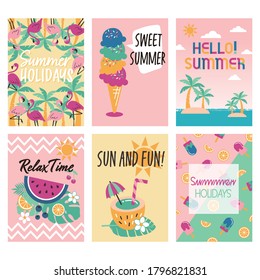Set of cute summer icons: food, drinks, palm leaves, fruits, flamingos. summer holidays, travel, beach vacations and days. Vector illustration.